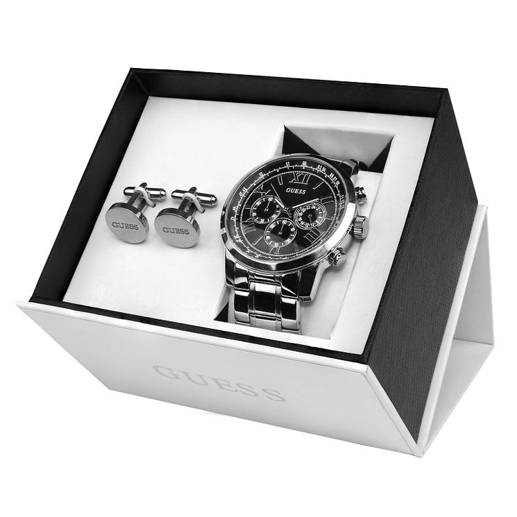 Guess Mens Stainless Steel WatchandCufflink Gift Set