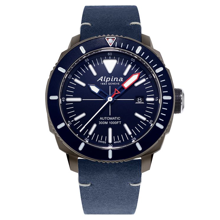 Alpina Seastrong Diver 300 Mens Blue Leather Strap Watch