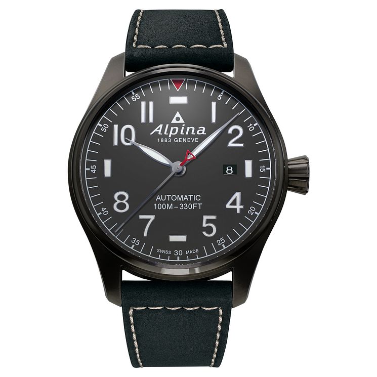 Alpina Startimer Pilot Auto Mens Black Leather Strap Watch