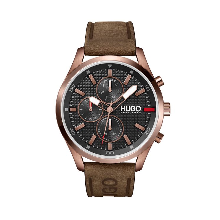 Hugo #chase Mens Brown Leather Strap Watch