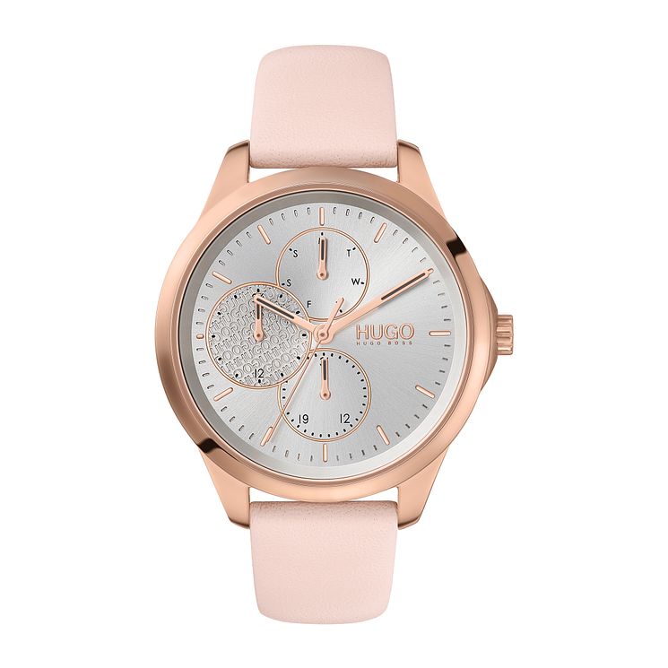 Hugo #fearless Ladies Pink Leather Strap Watch