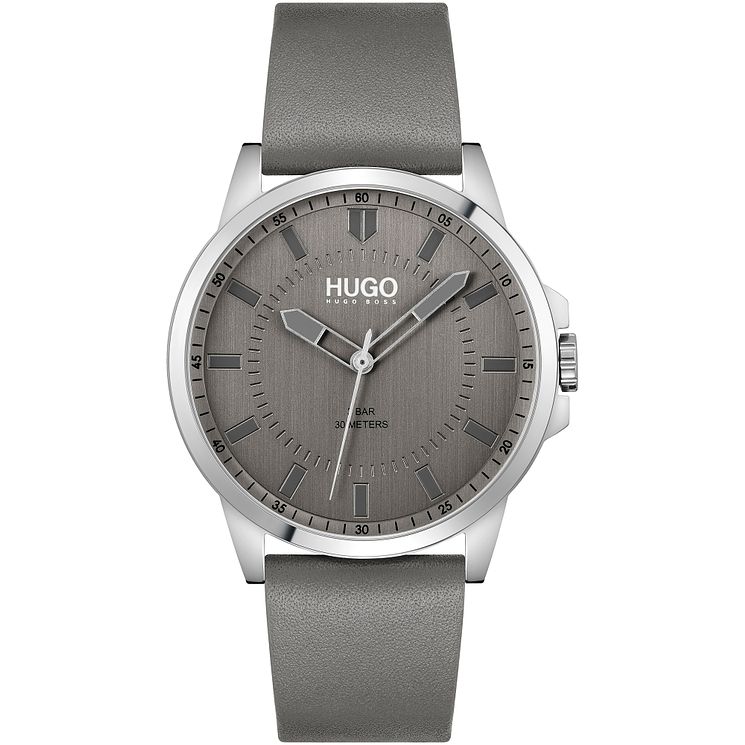 Hugo #first Mens Grey Leather Strap Watch