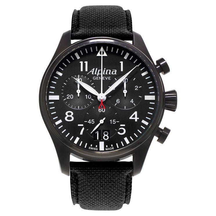 Alpina Startimer Pilot Mens Black Leather Strap Watch