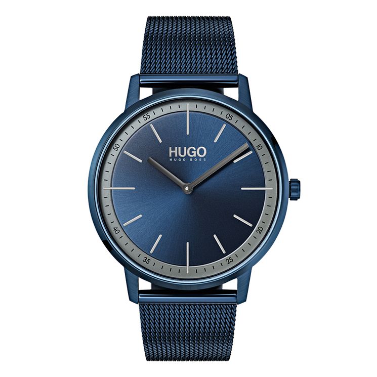 Hugo Exist Mens Blue Ip Stainless Steel Mesh Bracelet Watch