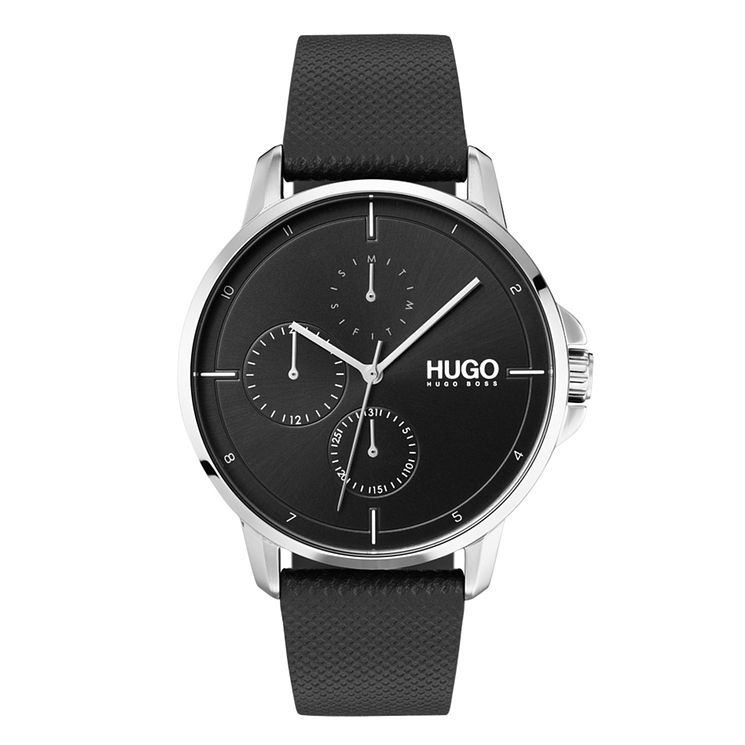 Hugo Focus Mens Black Leather Strap Watch