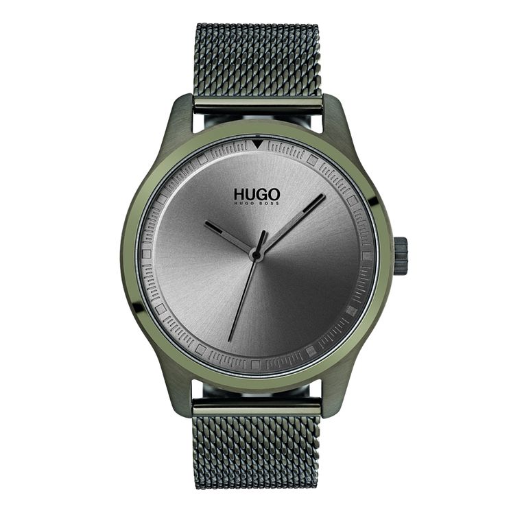 Hugo Move Mens Olive Ip Stainless Steel Mesh Bracelet Watch