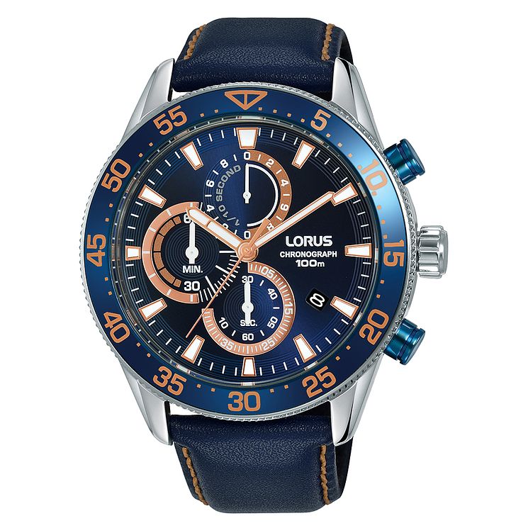 Lorus Chronograph Mens Dark Blue Leather Strap Watch