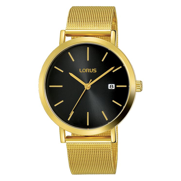 Lorus Mens Black Dial Gold Plated Mesh Bracelet Watch