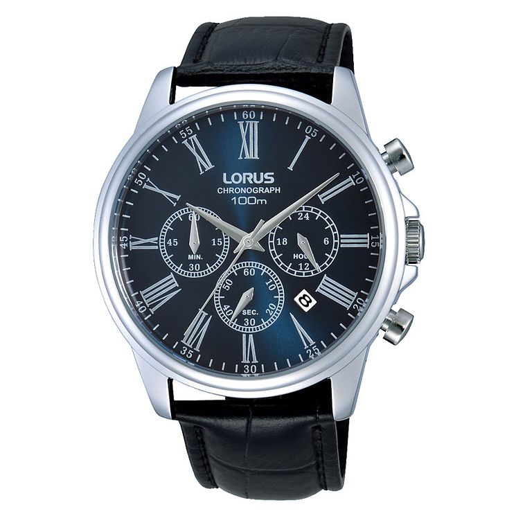 Lorus Mens Chronograph Blue Dial Black Leather Strap Watch