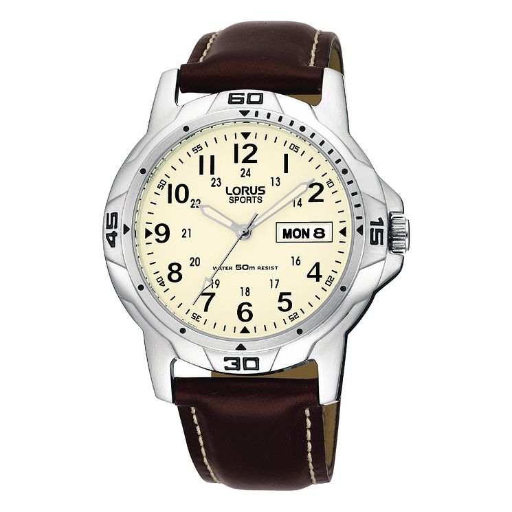 Lorus Mens Watch Brown Leather Strap Cream Dial