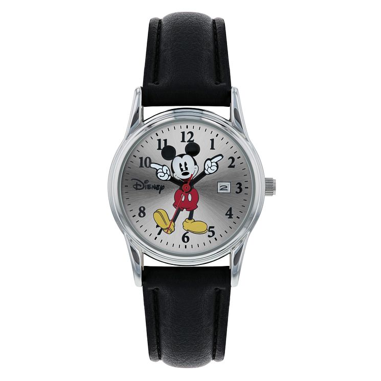 Mickey Mouse Silver Case Black Strap Watch