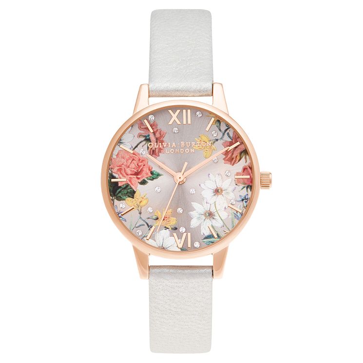 Olivia Burton Sparkle Flower Grey Leather Strap Watch