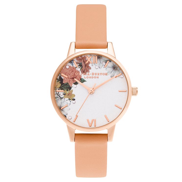 Olivia Burton Sparkle Flower Pink Leather Strap Watch