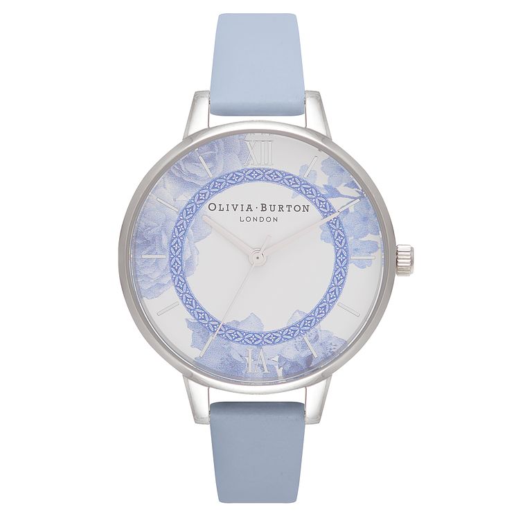 Olivia Burton Tea Party Floral Blue Leather Strap Watch