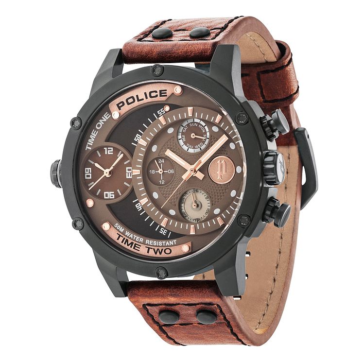 Police Mens Brown Multi Dial Brown Leather Strap Watch