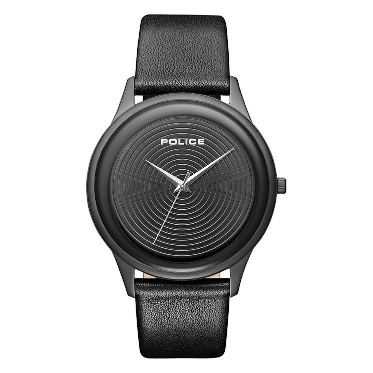 Police Salerno Mens Black Leather Strap Watch