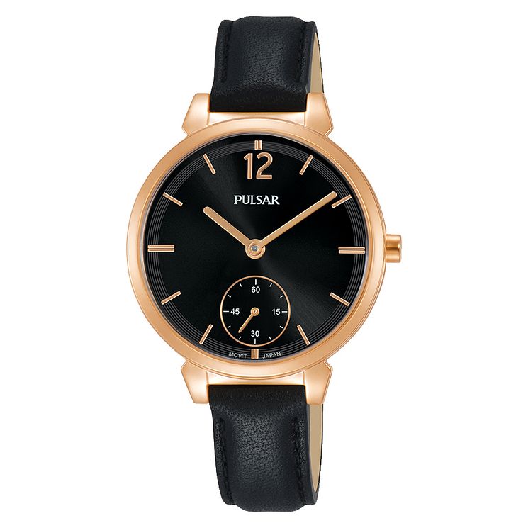 Pulsar Ladies Rose Gold Plated Black Leather Strap Watch