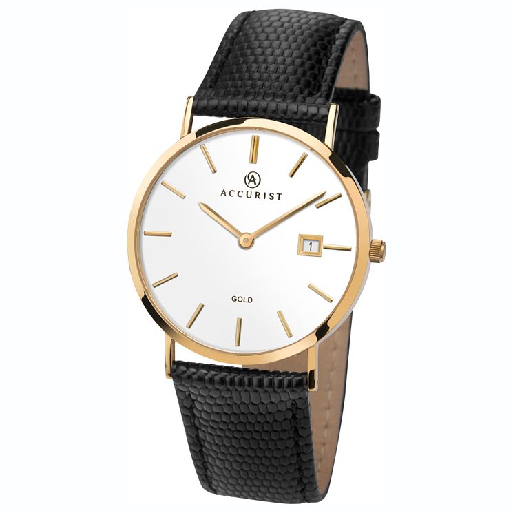 Accurist 9ct Gold Black Leather Strap Watch