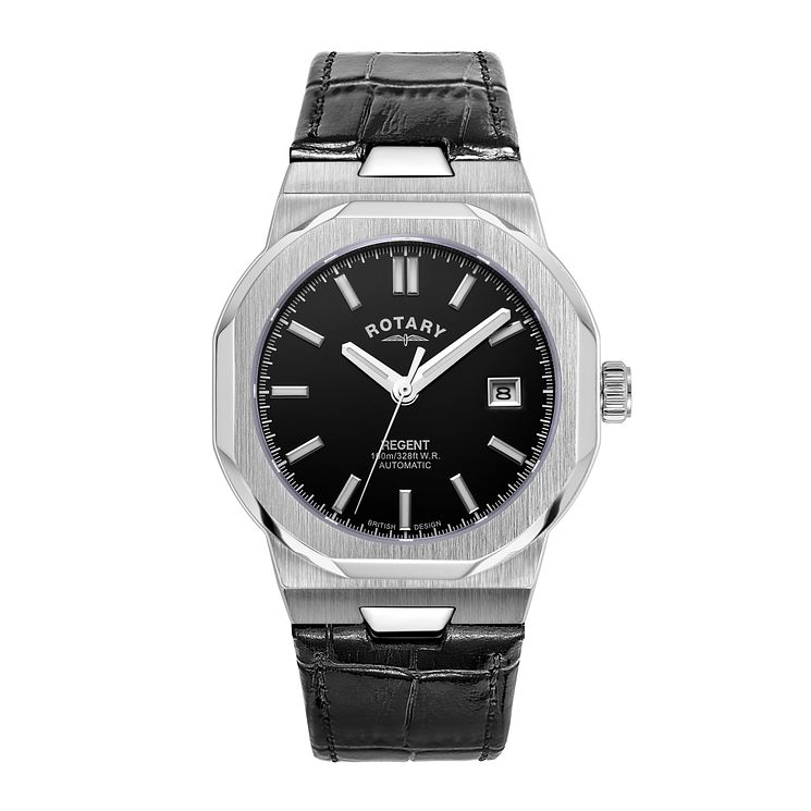 Rotary Regents Automatic Mens Black Leather Strap Watch