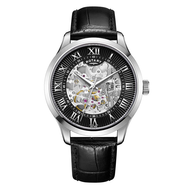 Rotary Skeleton Mens Black Strap Watch