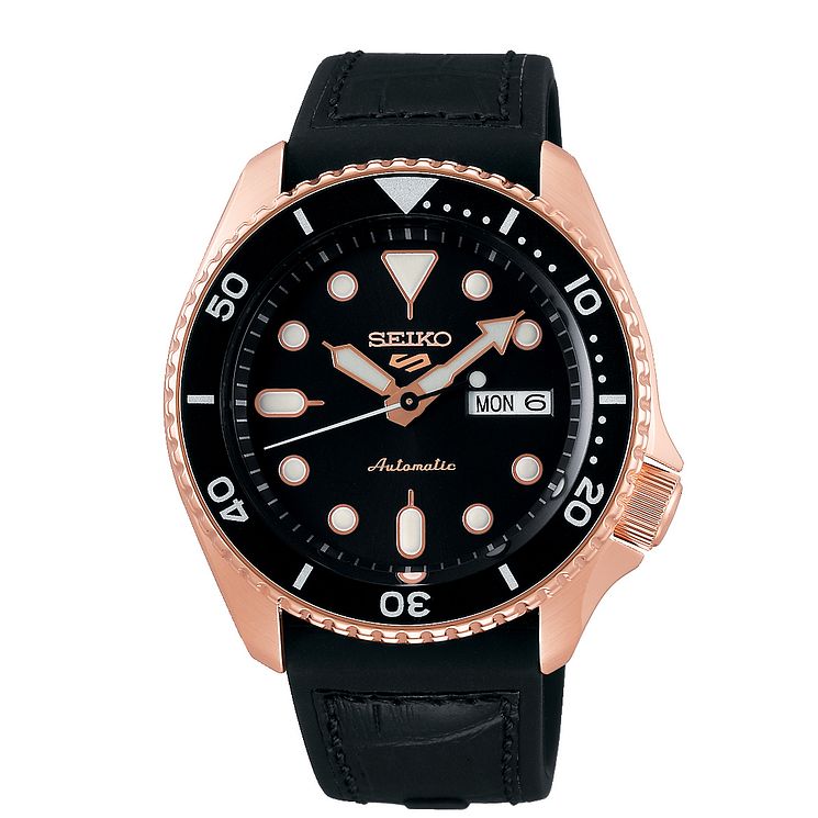 Seiko 5 Sports Mens Black Leather Strap Watch