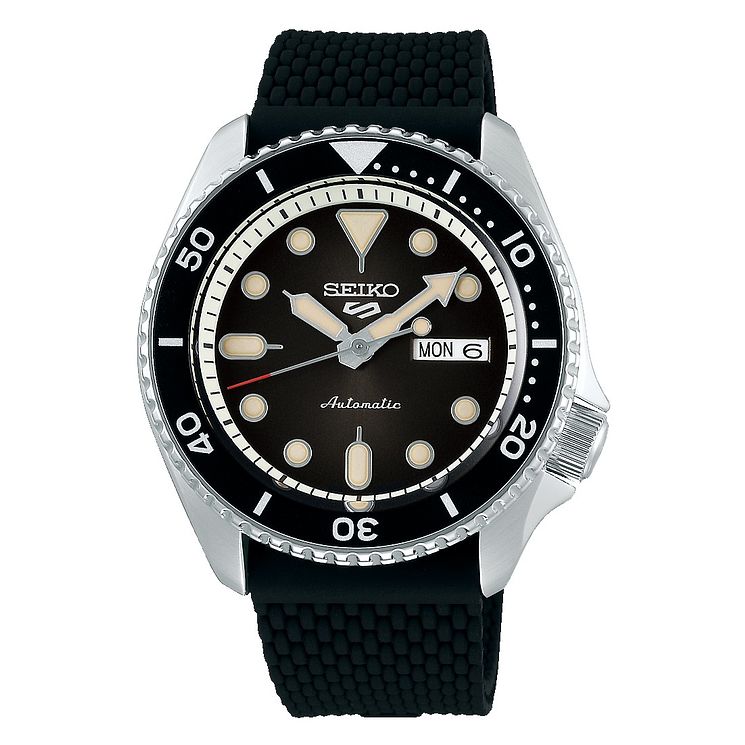 Seiko 5 Sports Mens Black Rubber Strap Watch