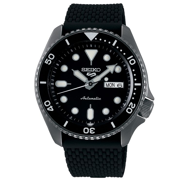 Seiko 5 Sports Mens Black Silicone Strap Watch