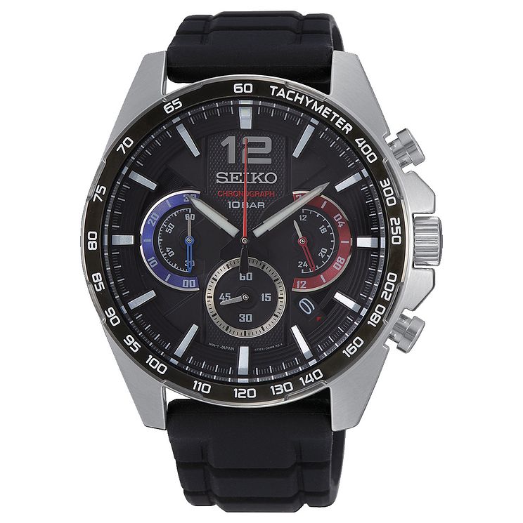 Seiko Chronograph Mens Black Silicone Strap Watch