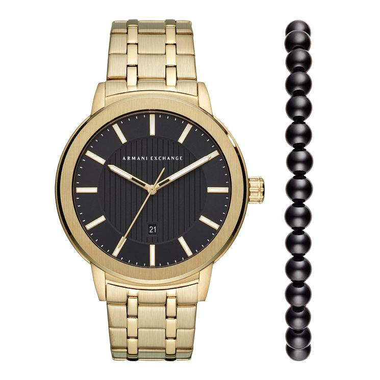 Armani Exchange Mens Gold Tone Bracelet Watch Gift Set