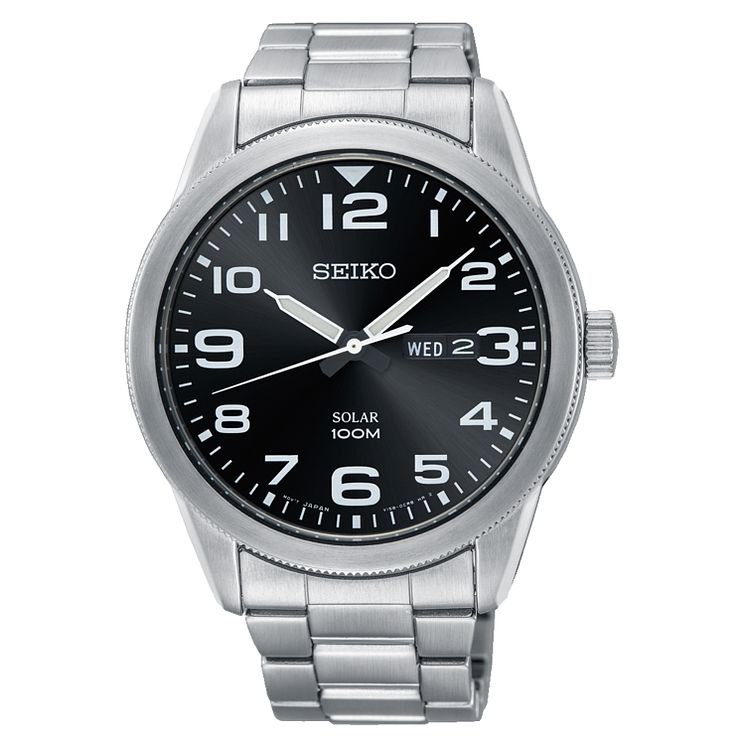 Seiko Mens Solar Black Dial Stainless Steel Bracelet Watch