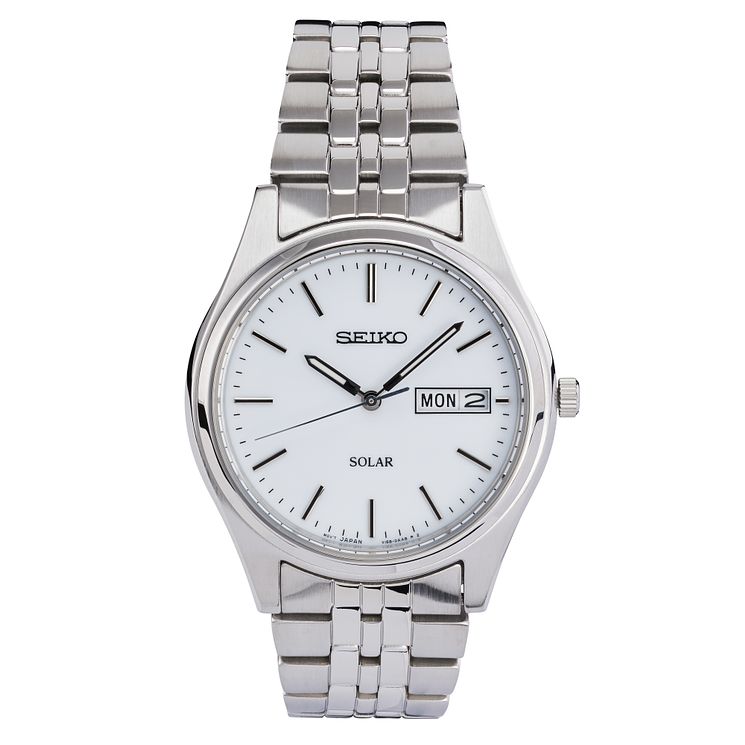 Seiko Mens Solar White Dial Stainless Steel Bracelet Watch