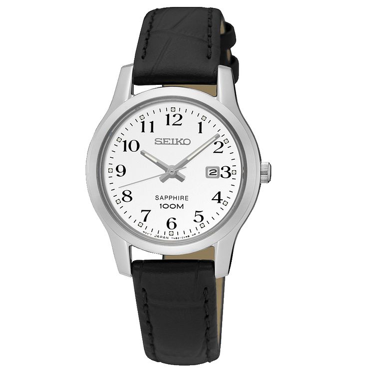 Seiko Sapphire Ladies Black Leather Strap Watch