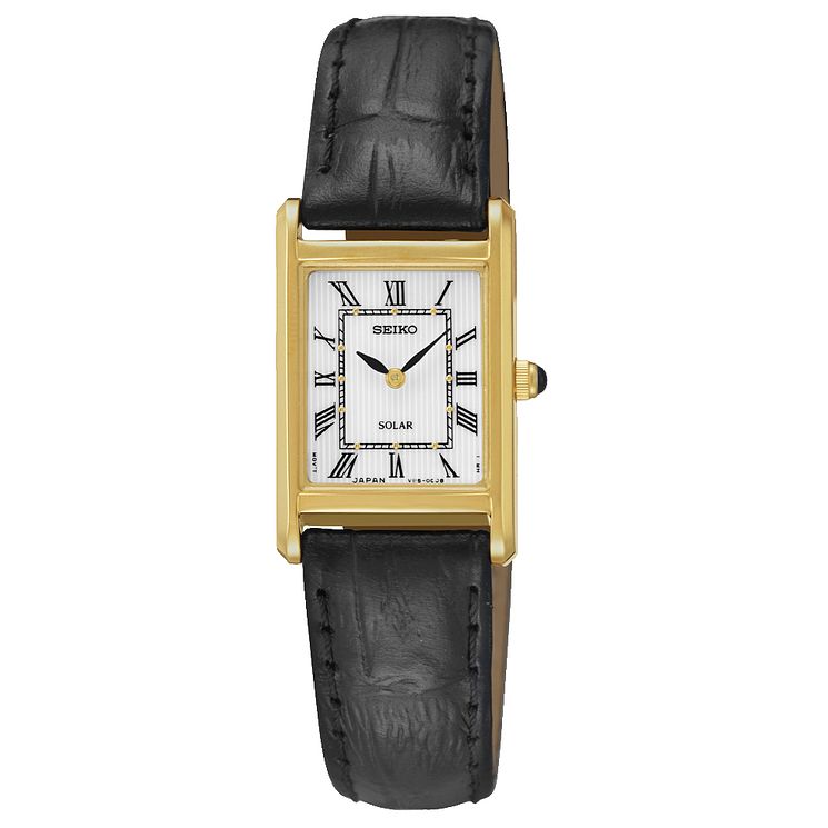 Seiko Solar Ladies Gold Plated Black Leather Strap Watch