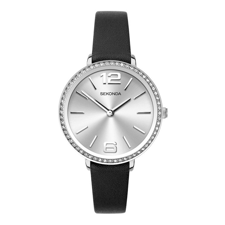 Sekonda Crystal Ladies Black Leather Strap Watch