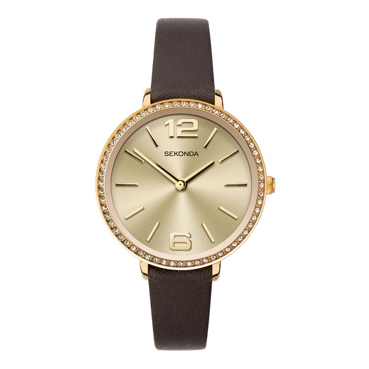 Sekonda Crystal Ladies Brown Leather Strap Watch