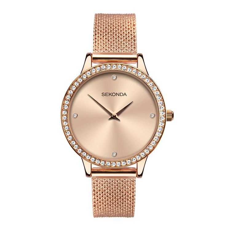 Sekonda Crystal Ladies Rose Gold Tone Mesh Bracelet Watch