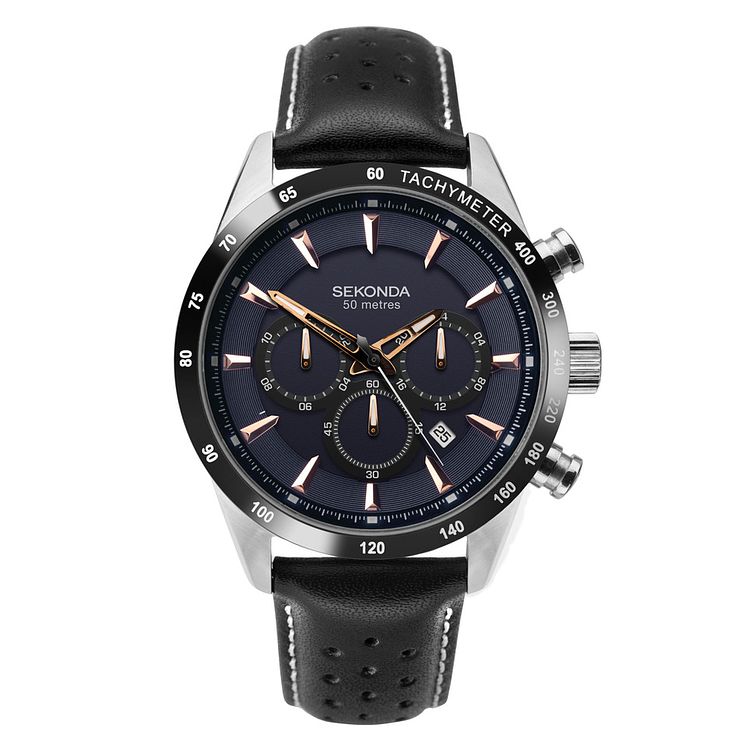 Sekonda Mens Dual-time Black Leather Strap Watch