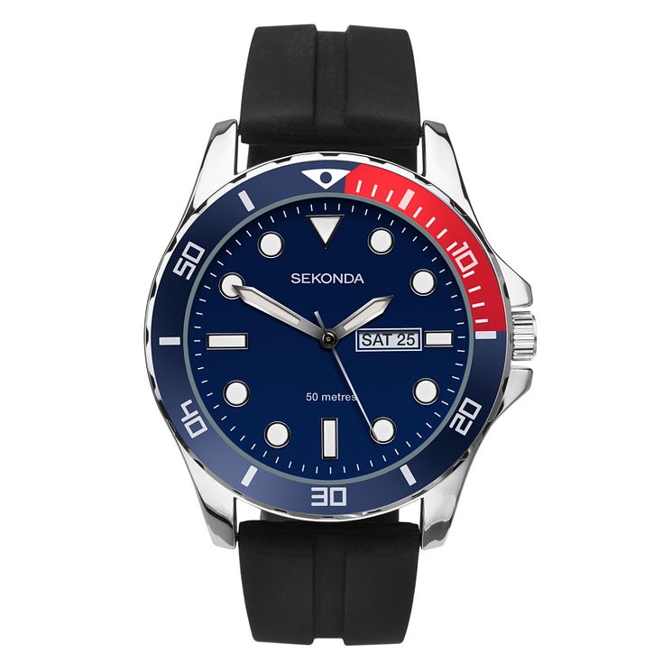 Sekonda Mens Blue Dial Black Rubber Strap Watch