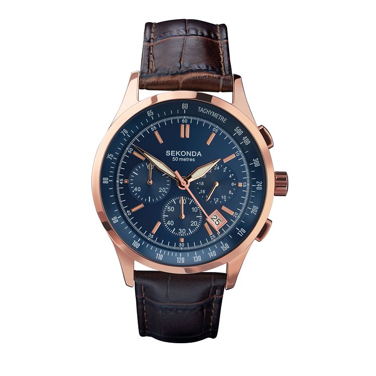 Sekonda Mens Blue Dial Brown Leather Strap Watch