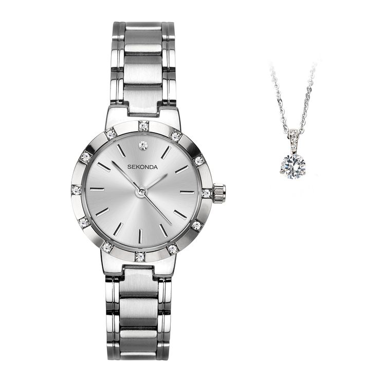 Sekonda Silver Tone Crystal Ladies WatchandPendant Gift Set