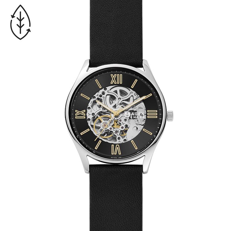 Skagen Holst Skeleton Mens Black Leather Strap Watch