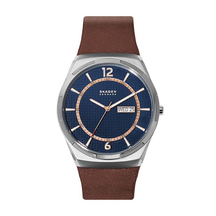 Skagen Melbye Mens Blue Dial Brown Leather Strap Watch