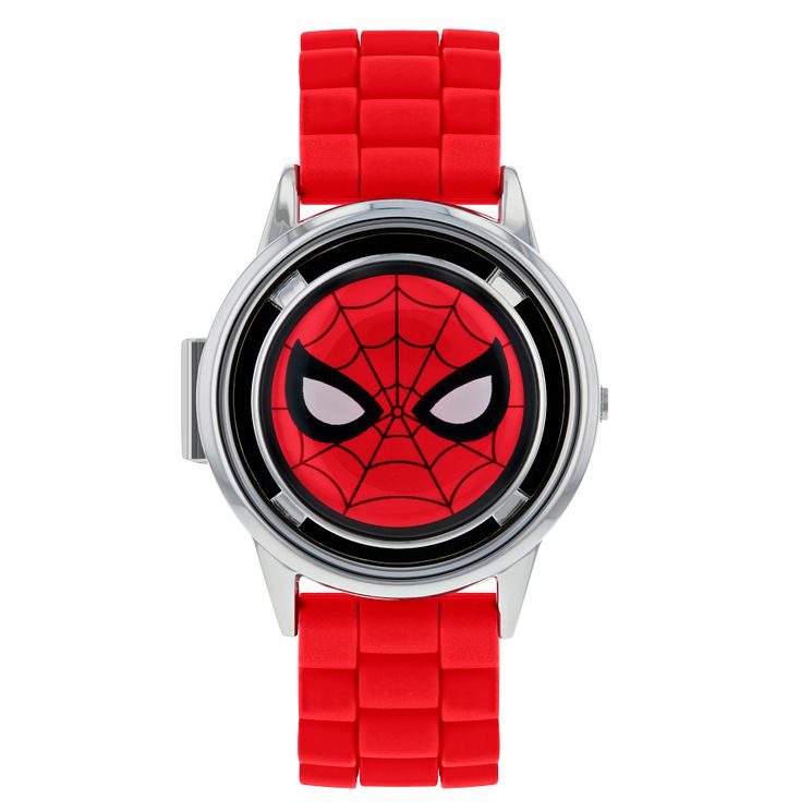 Spiderman Silver Flip Case Red Rubber Strap Watch