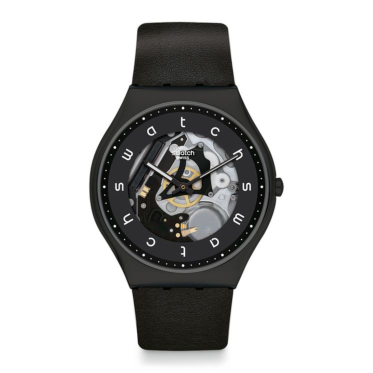 Swatch White Side Unisex Black Leather Strap Watch