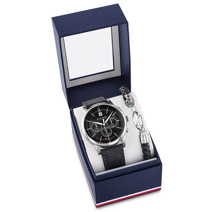 Tommy Hilfiger Mens Black Leather WatchandBracelet Gift Set