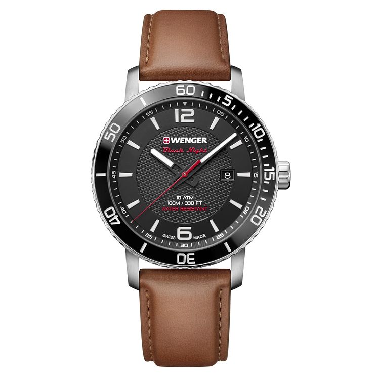 Wenger Roadster Black Night Mens Brown Leather Strap Watch