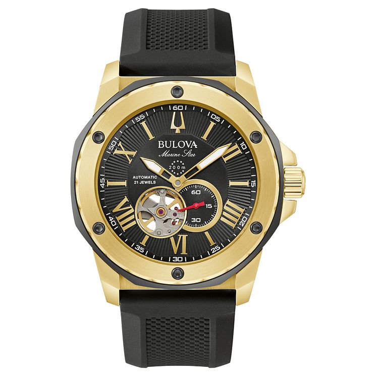 Bulova Marine Star Mens Black Silicone Strap Watch