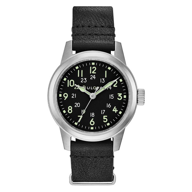 Bulova Mens Black Leather Strap Watch