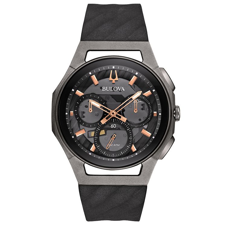 Bulova Mens Curv Chronograph Black Rubber Strap Watch