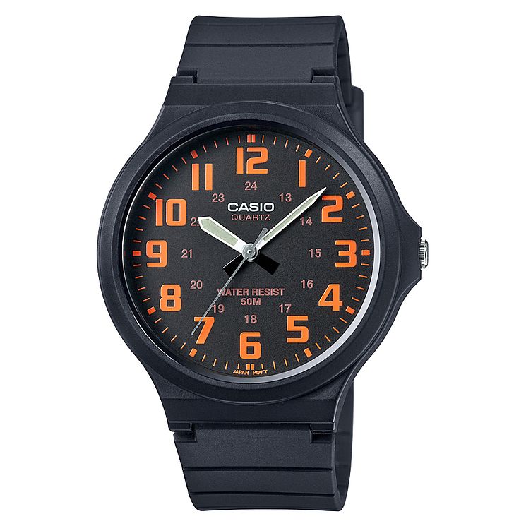 Casio Mens BlackandOrange Dial Black Resin Strap Watch